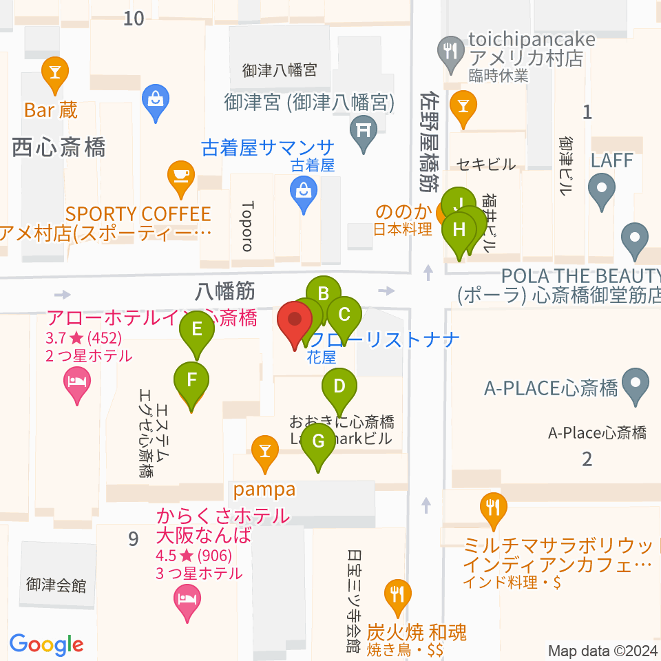 心斎橋HOKAGE周辺のファミレス・ファーストフード一覧地図
