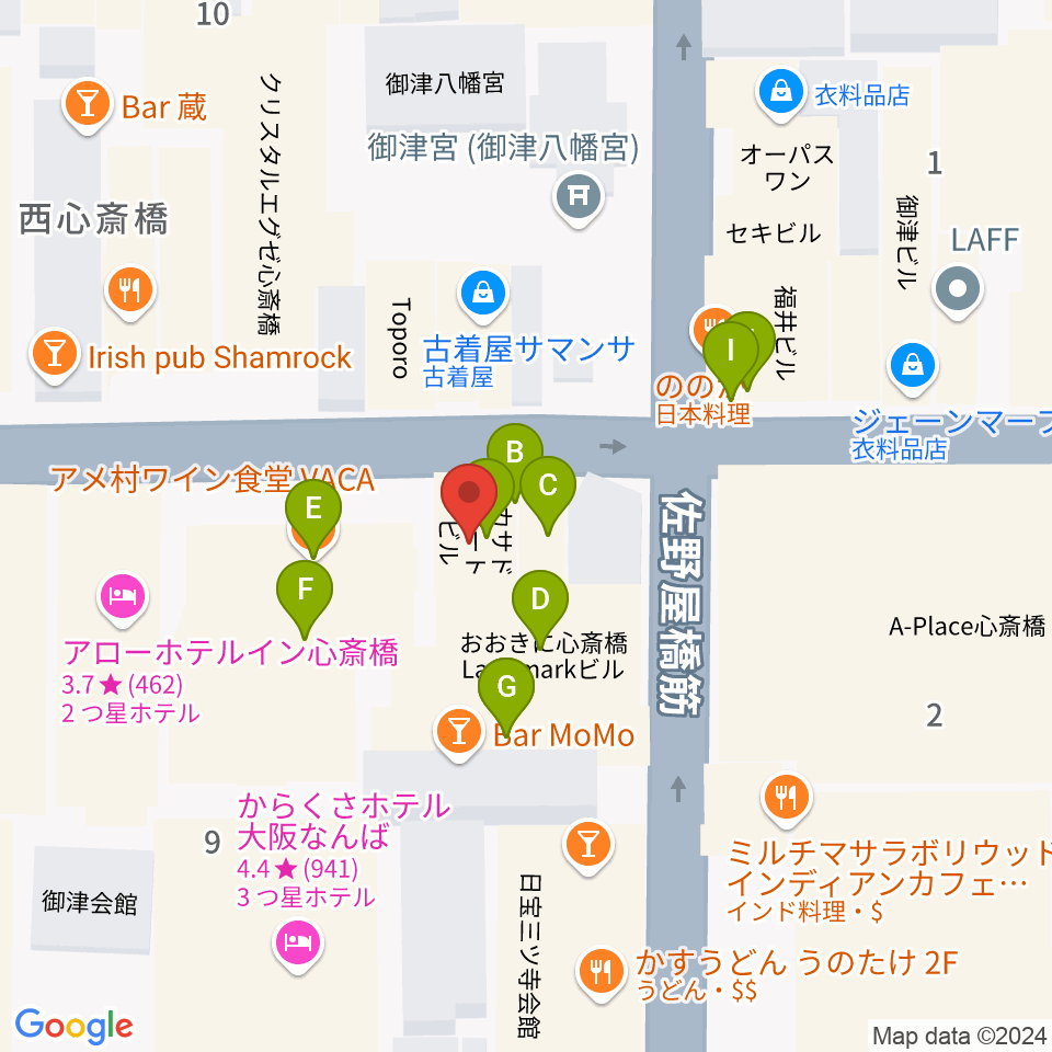 心斎橋HOKAGE周辺のファミレス・ファーストフード一覧地図