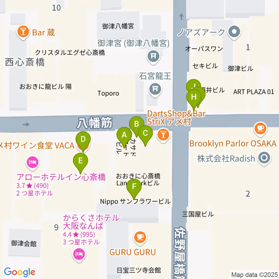 心斎橋HOKAGE周辺のファミレス・ファーストフード一覧地図
