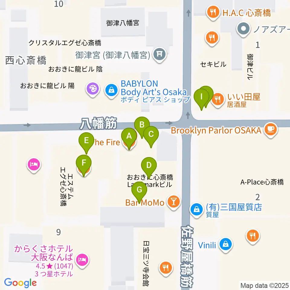 心斎橋HOKAGE周辺のファミレス・ファーストフード一覧地図