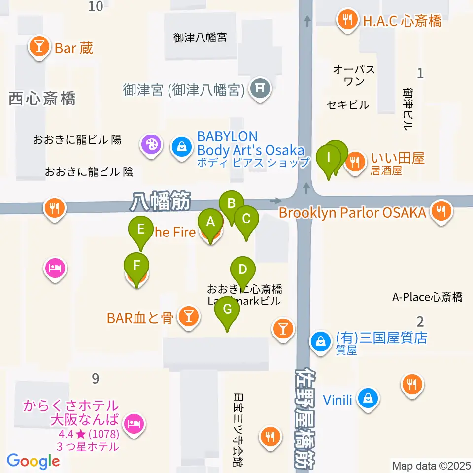 心斎橋HOKAGE周辺のファミレス・ファーストフード一覧地図
