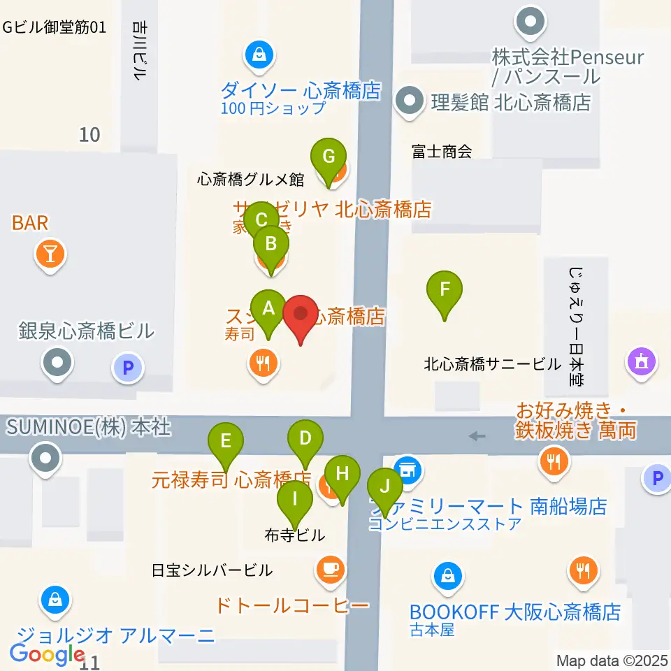 大阪RUIDO周辺のファミレス・ファーストフード一覧地図