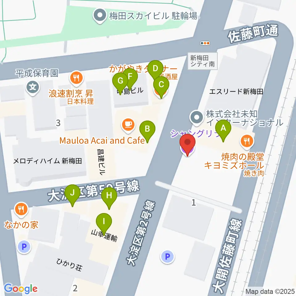 梅田シャングリラ周辺のファミレス・ファーストフード一覧地図