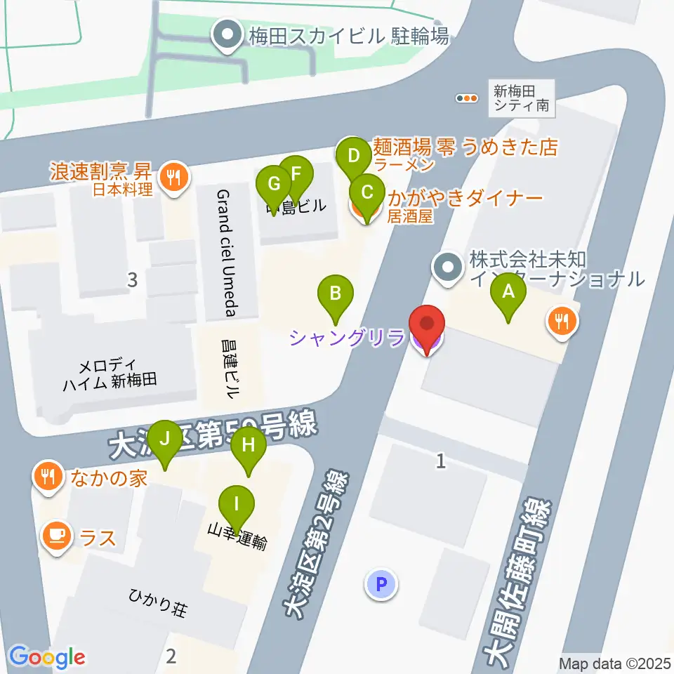 梅田シャングリラ周辺のファミレス・ファーストフード一覧地図