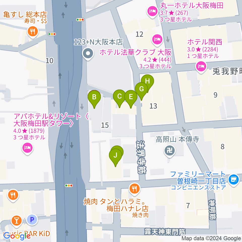 大阪梅田ロイヤルホース周辺のファミレス・ファーストフード一覧地図