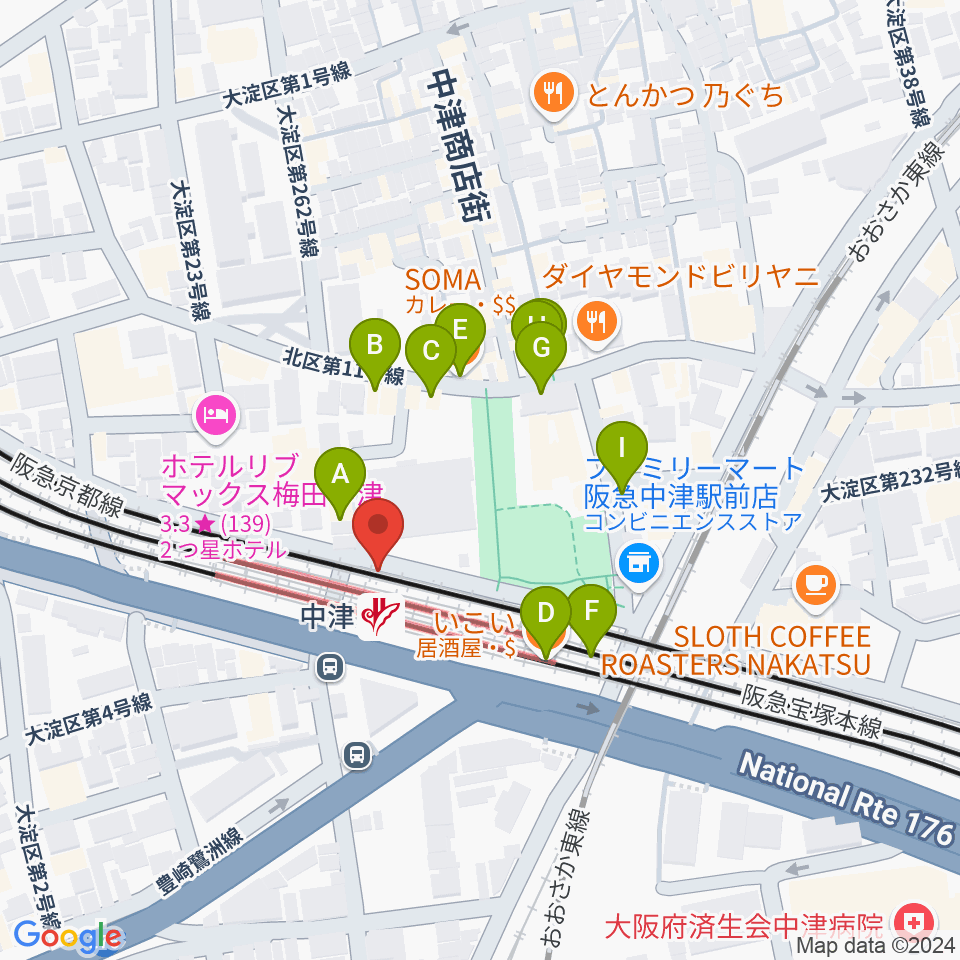 中津Vi-code周辺のファミレス・ファーストフード一覧地図