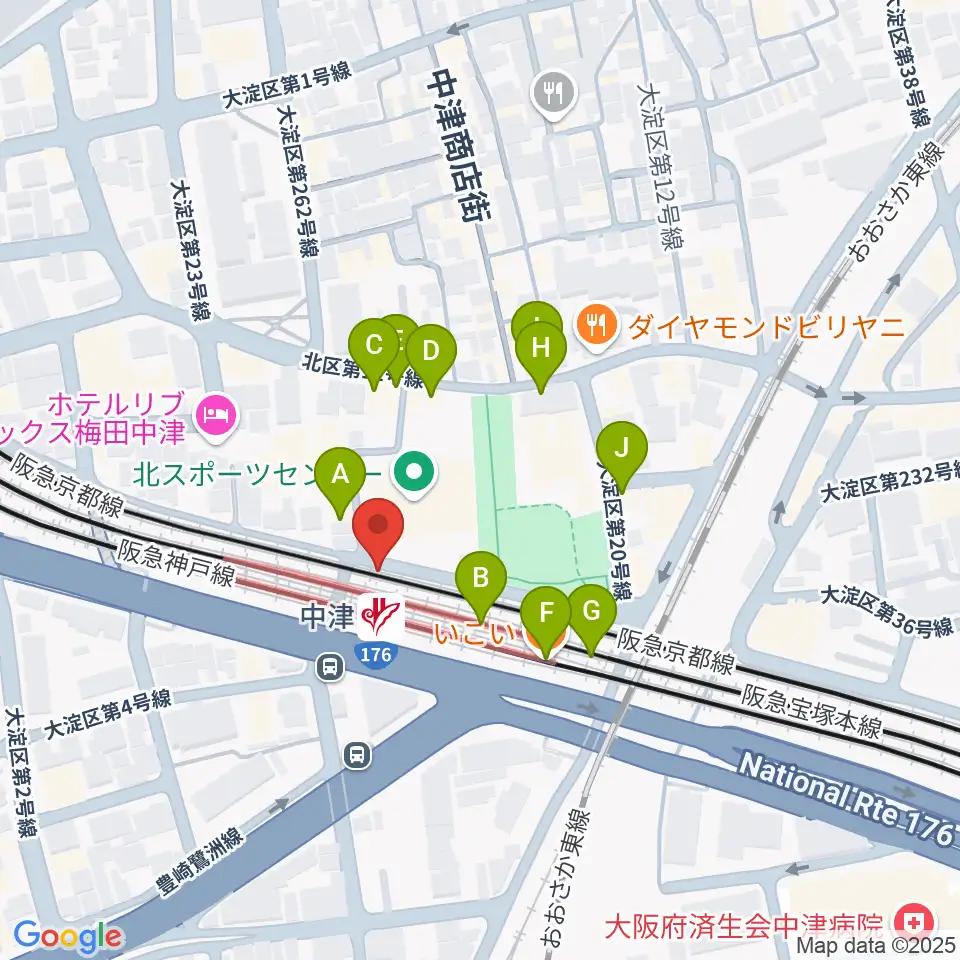中津Vi-code周辺のファミレス・ファーストフード一覧地図