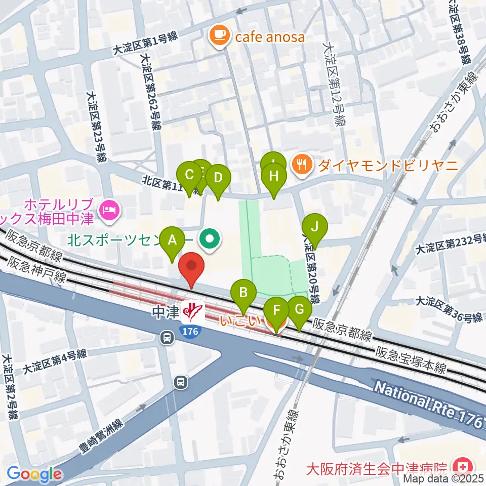 中津Vi-code周辺のファミレス・ファーストフード一覧地図