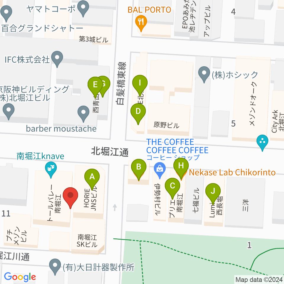 南堀江knave周辺のファミレス・ファーストフード一覧地図