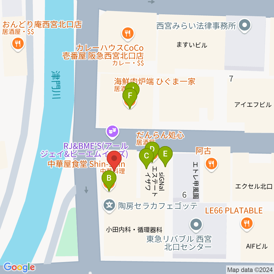 RJ&BME'S周辺のファミレス・ファーストフード一覧地図