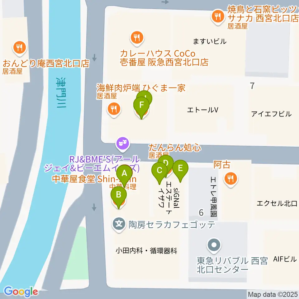 RJ&BME'S周辺のファミレス・ファーストフード一覧地図