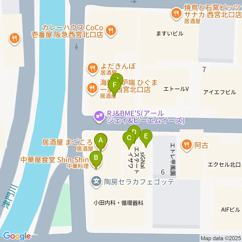 RJ&BME'S周辺のファミレス・ファーストフード一覧地図