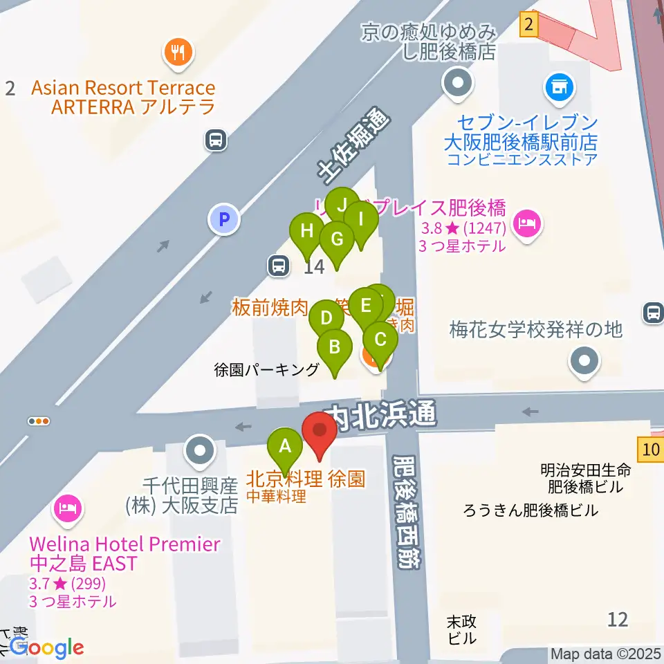 肥後橋VOXX周辺のファミレス・ファーストフード一覧地図