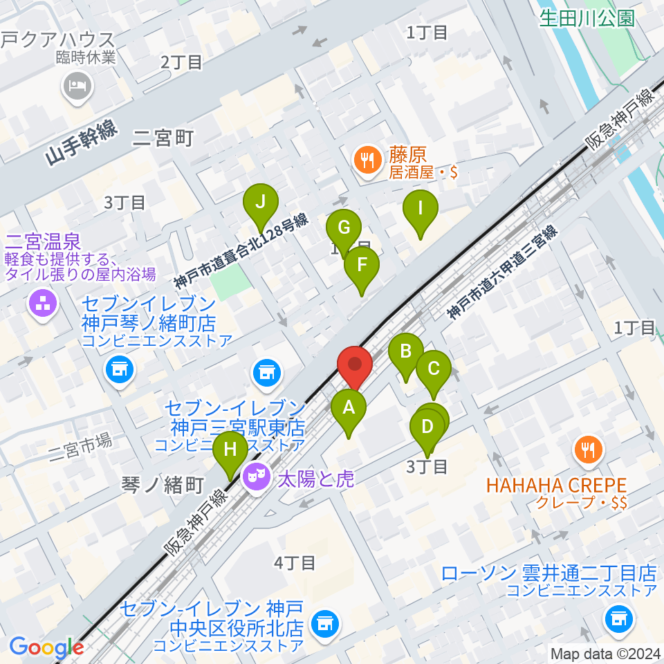 神戸108周辺のファミレス・ファーストフード一覧地図