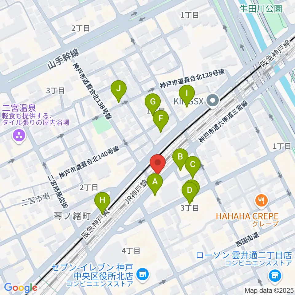 神戸108周辺のファミレス・ファーストフード一覧地図
