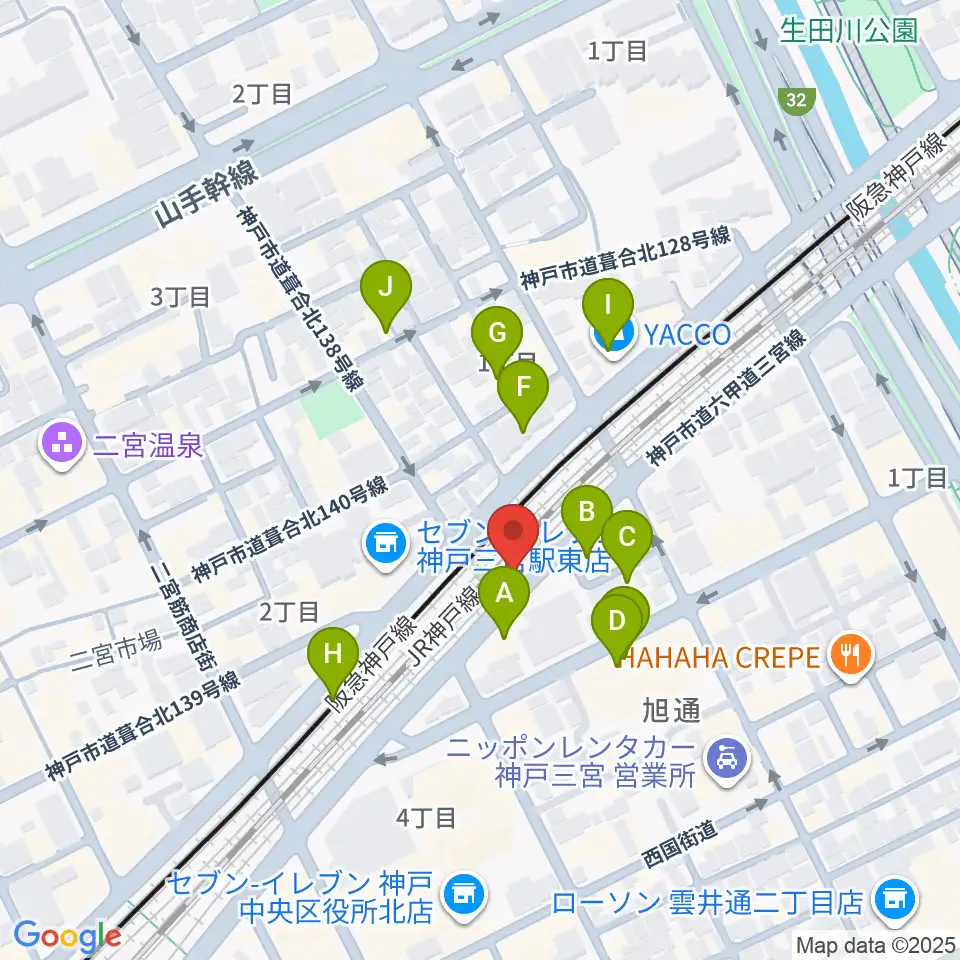 神戸108周辺のファミレス・ファーストフード一覧地図