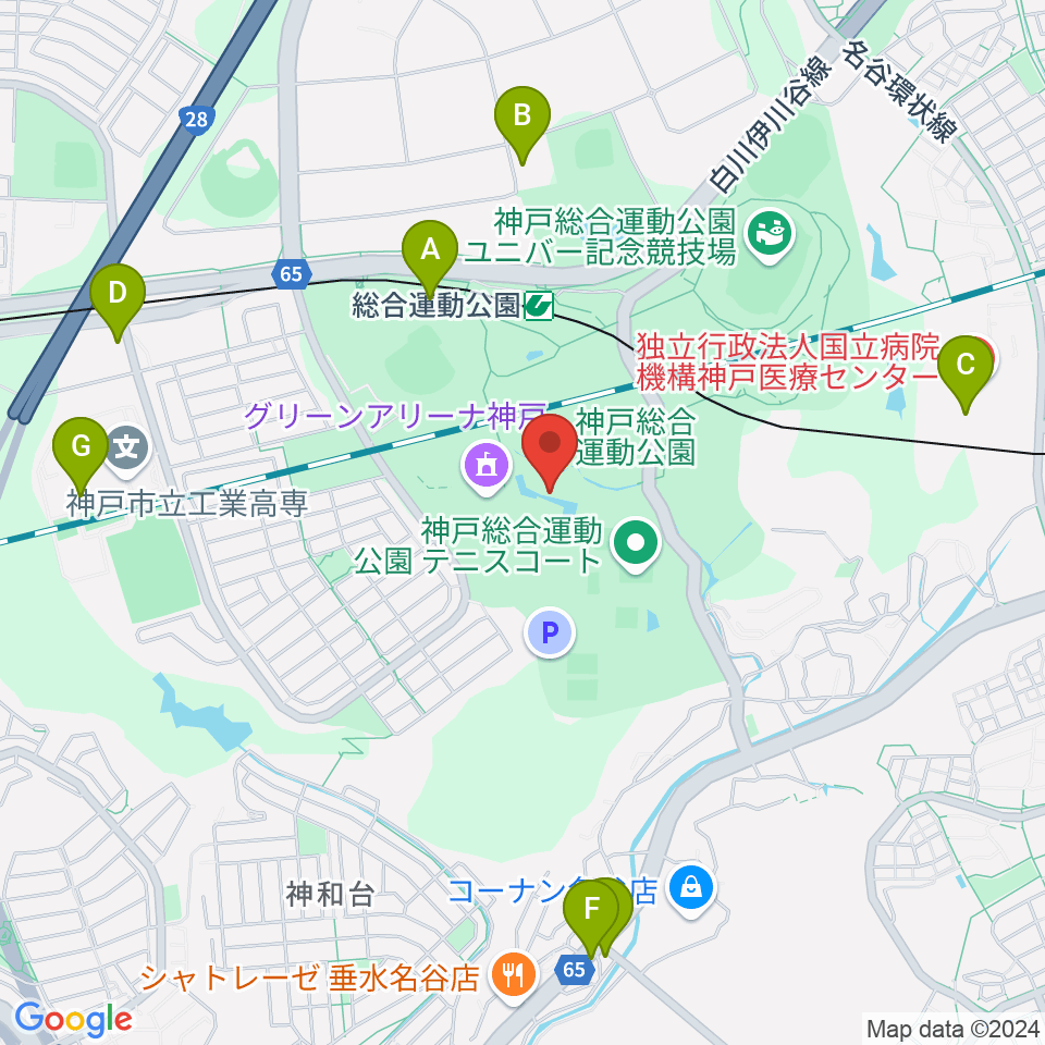 神戸総合運動公園 野外ステージ周辺のファミレス・ファーストフード一覧地図