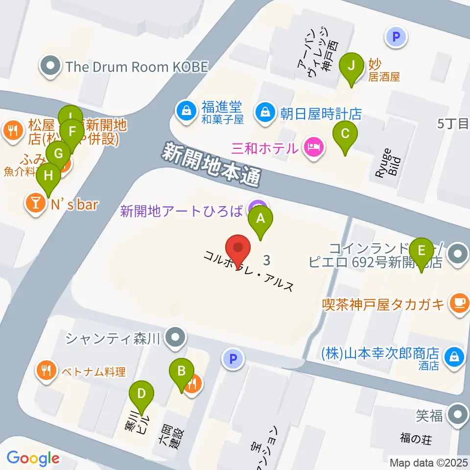 新開地アートひろば周辺のファミレス・ファーストフード一覧地図