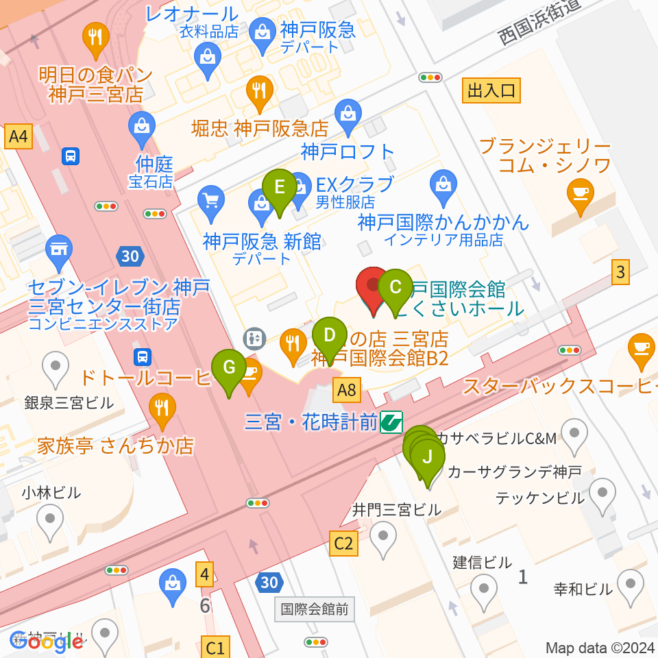 神戸国際会館こくさいホール周辺のファミレス・ファーストフード一覧地図