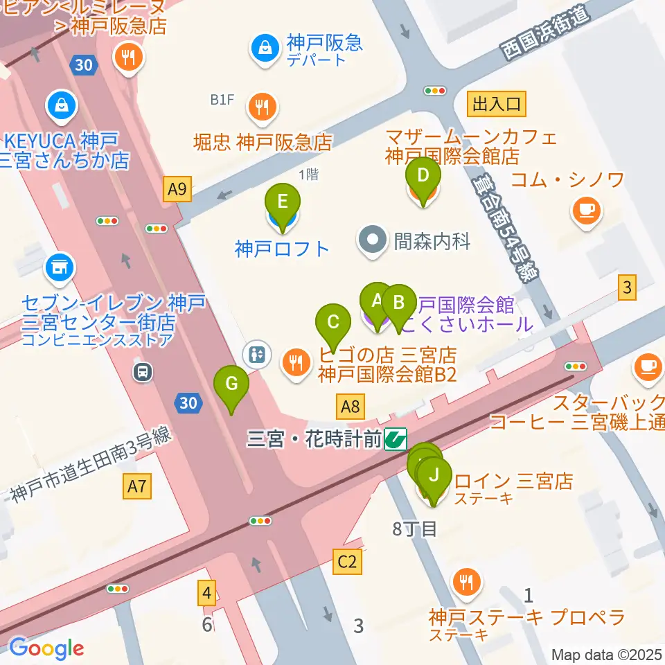 神戸国際会館こくさいホール周辺のファミレス・ファーストフード一覧地図