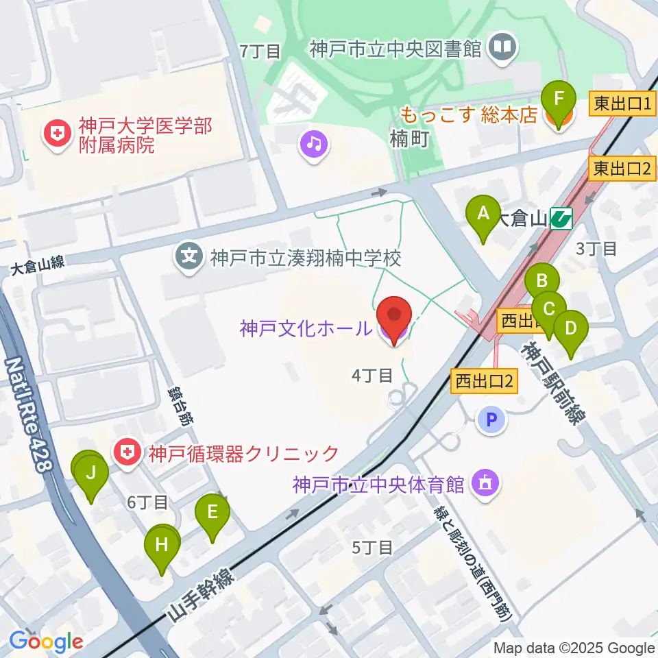 神戸文化ホール周辺のファミレス・ファーストフード一覧地図