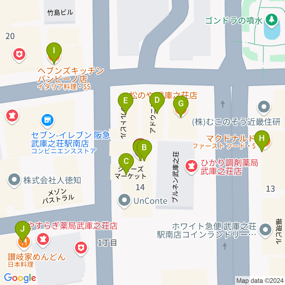 Ｍクアトロ周辺のファミレス・ファーストフード一覧地図