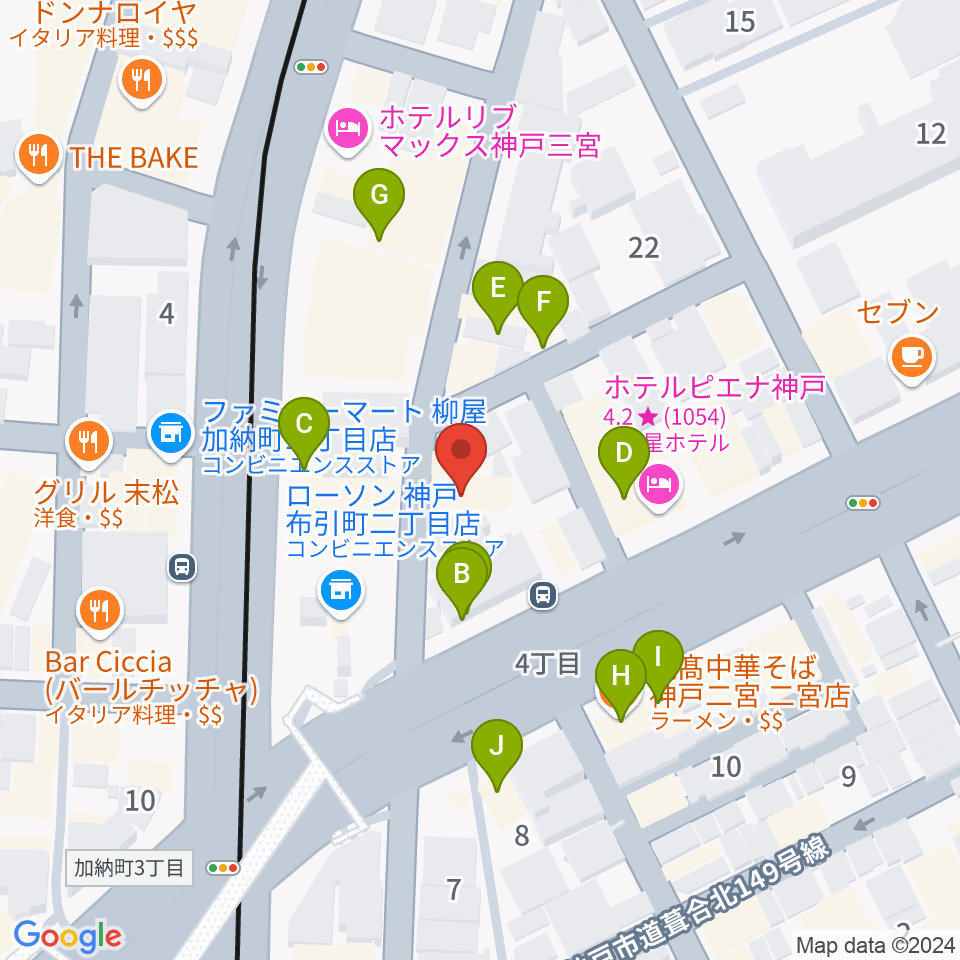 神戸三宮CASHBOX周辺のファミレス・ファーストフード一覧地図