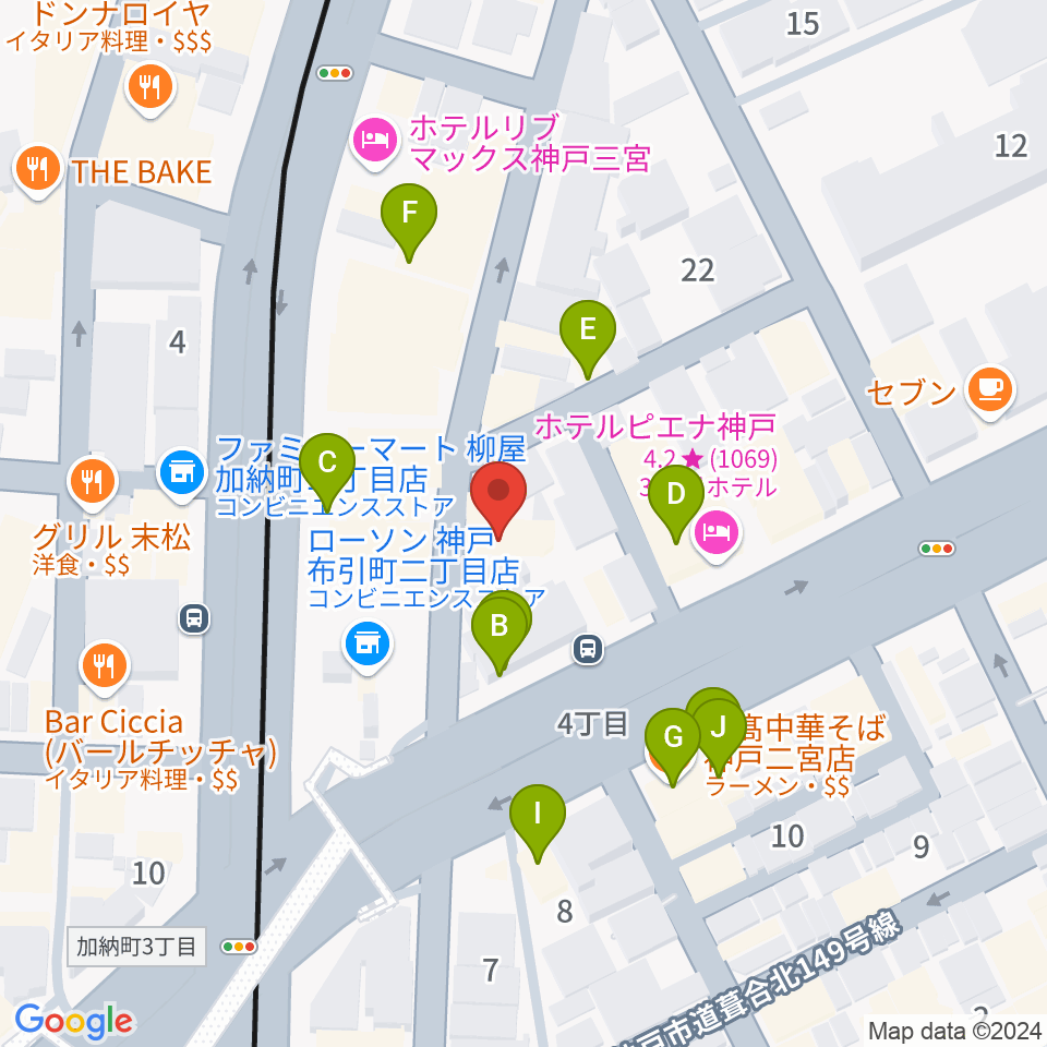 神戸三宮CASHBOX周辺のファミレス・ファーストフード一覧地図