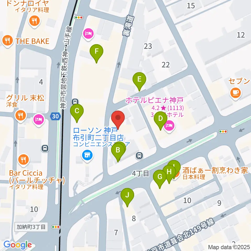 神戸三宮CASHBOX周辺のファミレス・ファーストフード一覧地図