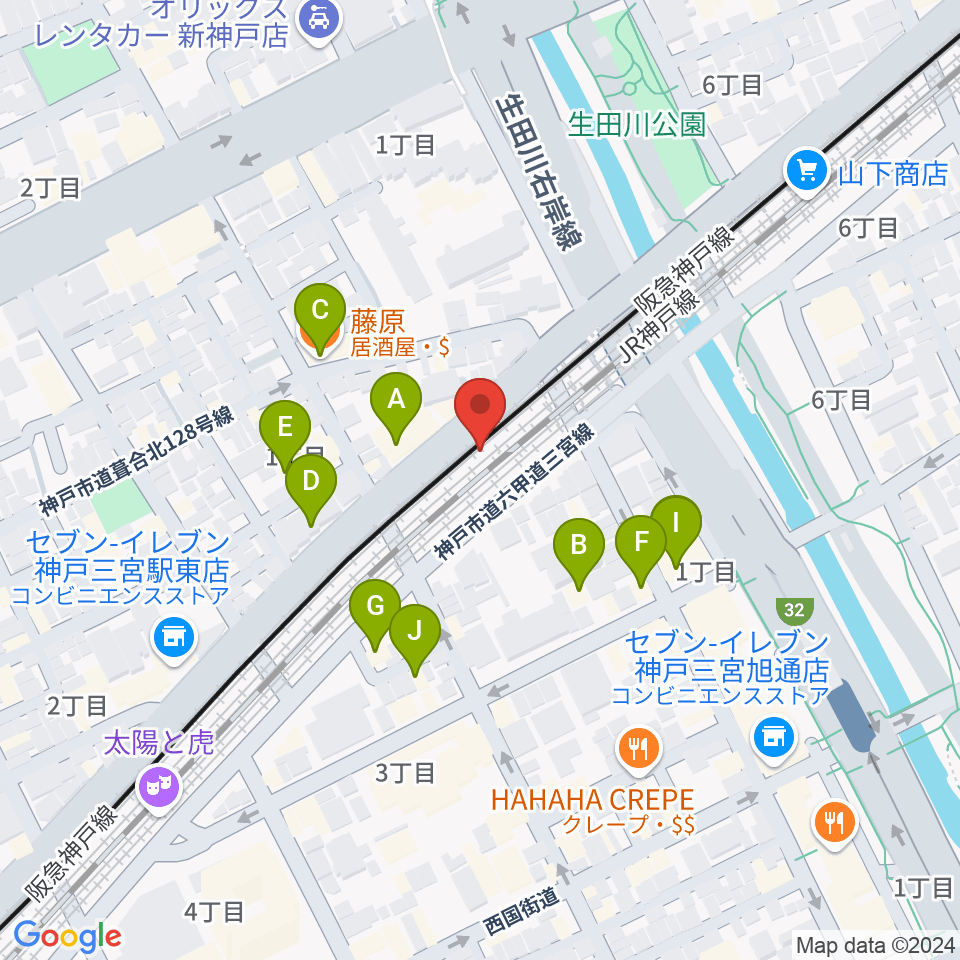 神戸三宮KINGSX周辺のファミレス・ファーストフード一覧地図