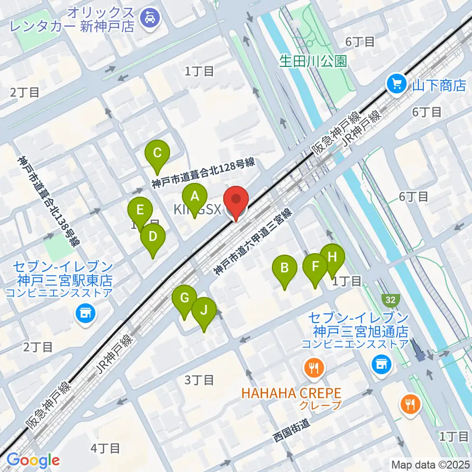 神戸三宮KINGSX周辺のファミレス・ファーストフード一覧地図