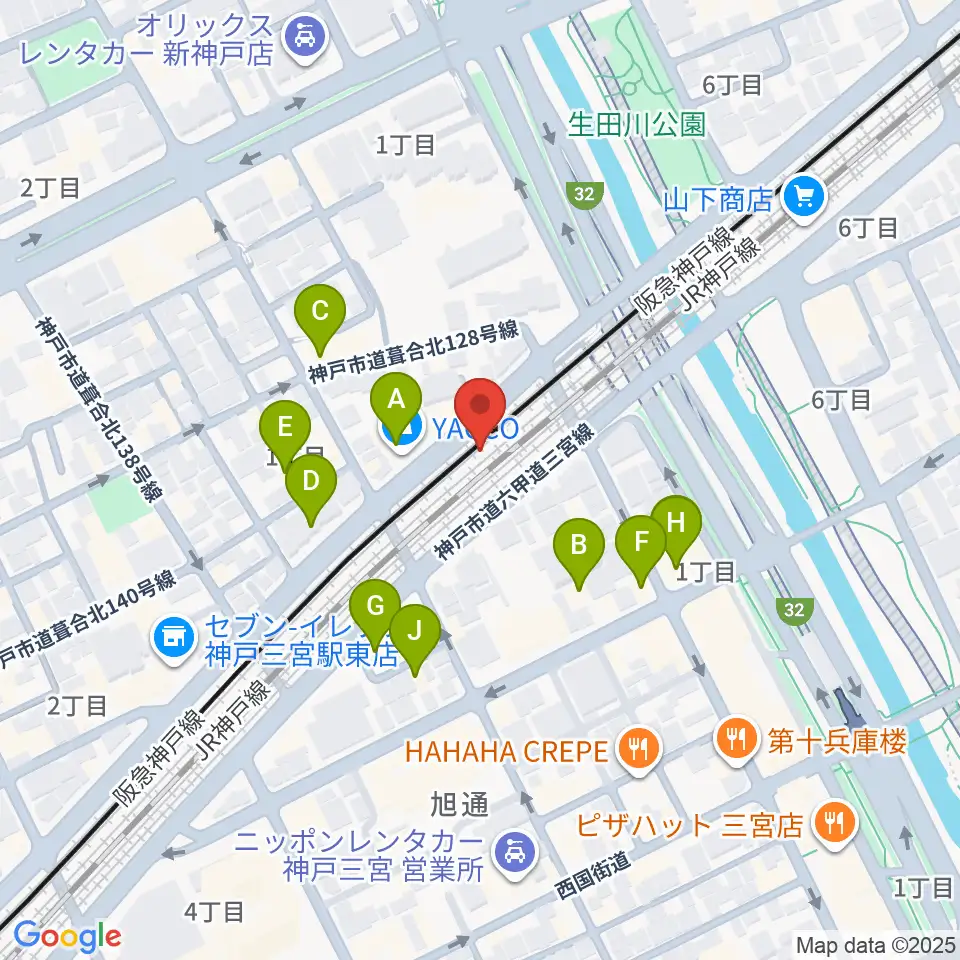 神戸三宮KINGSX周辺のファミレス・ファーストフード一覧地図