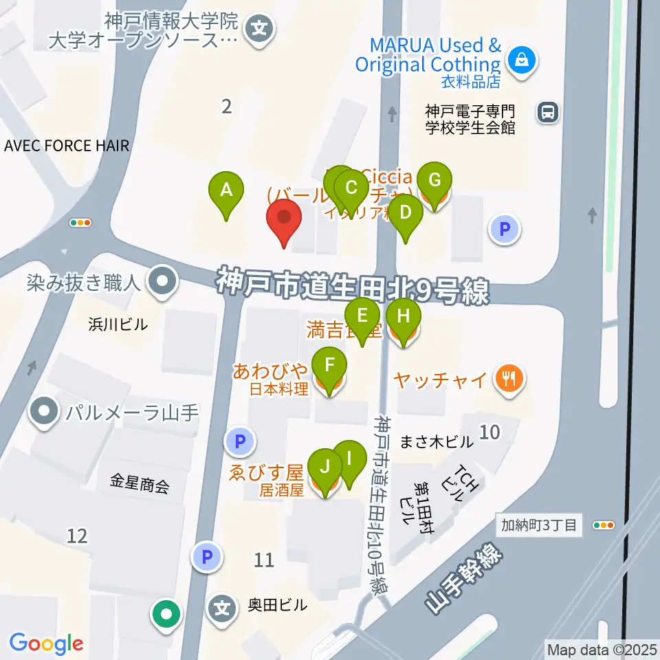 神戸ホンキートンク周辺のファミレス・ファーストフード一覧地図