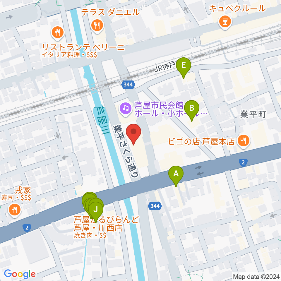 ルネサンスクラシックス芦屋ルナ・ホール周辺のファミレス・ファーストフード一覧地図