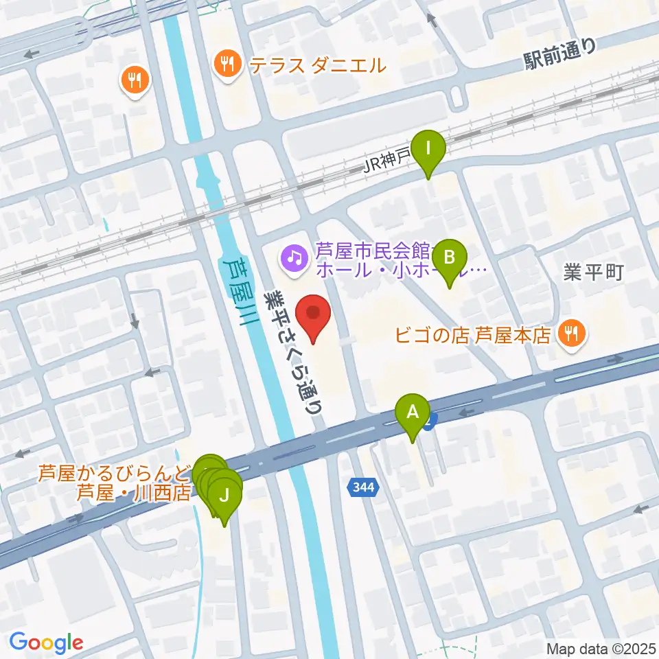 ルネサンスクラシックス芦屋ルナ・ホール周辺のファミレス・ファーストフード一覧地図