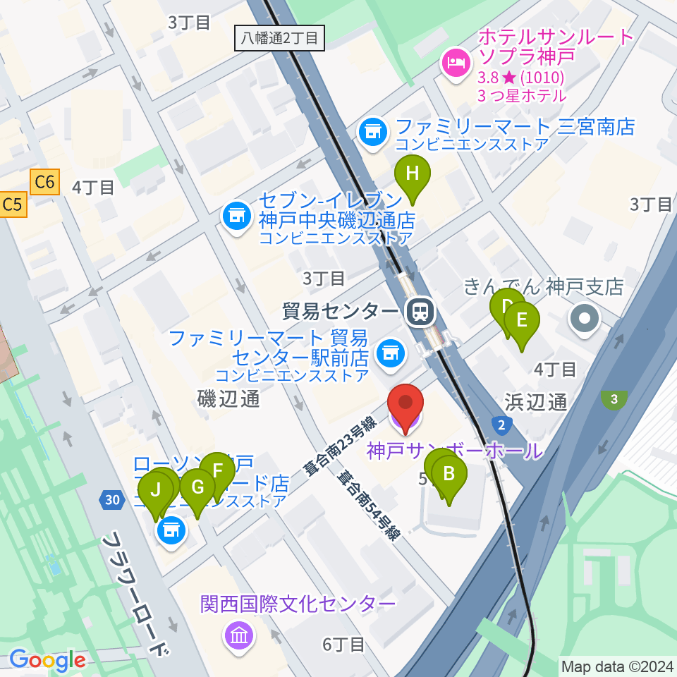 神戸サンボーホール周辺のファミレス・ファーストフード一覧地図