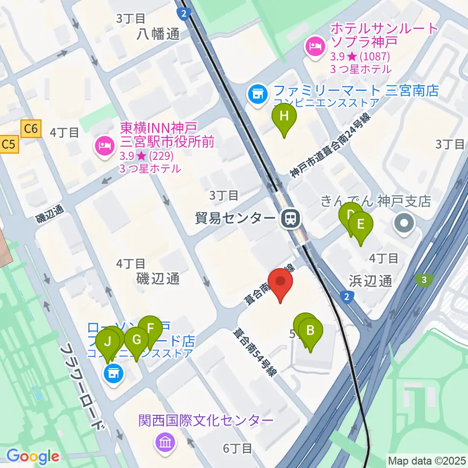 神戸サンボーホール周辺のファミレス・ファーストフード一覧地図