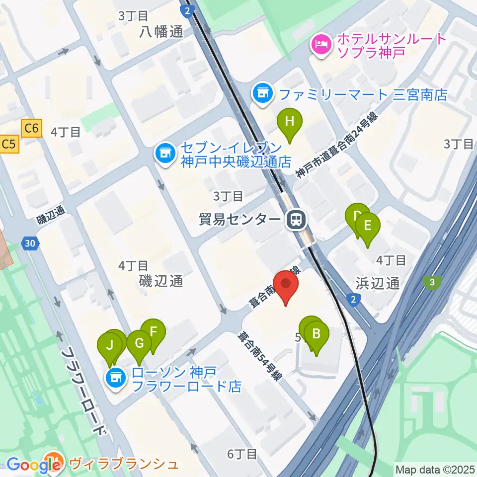 神戸サンボーホール周辺のファミレス・ファーストフード一覧地図