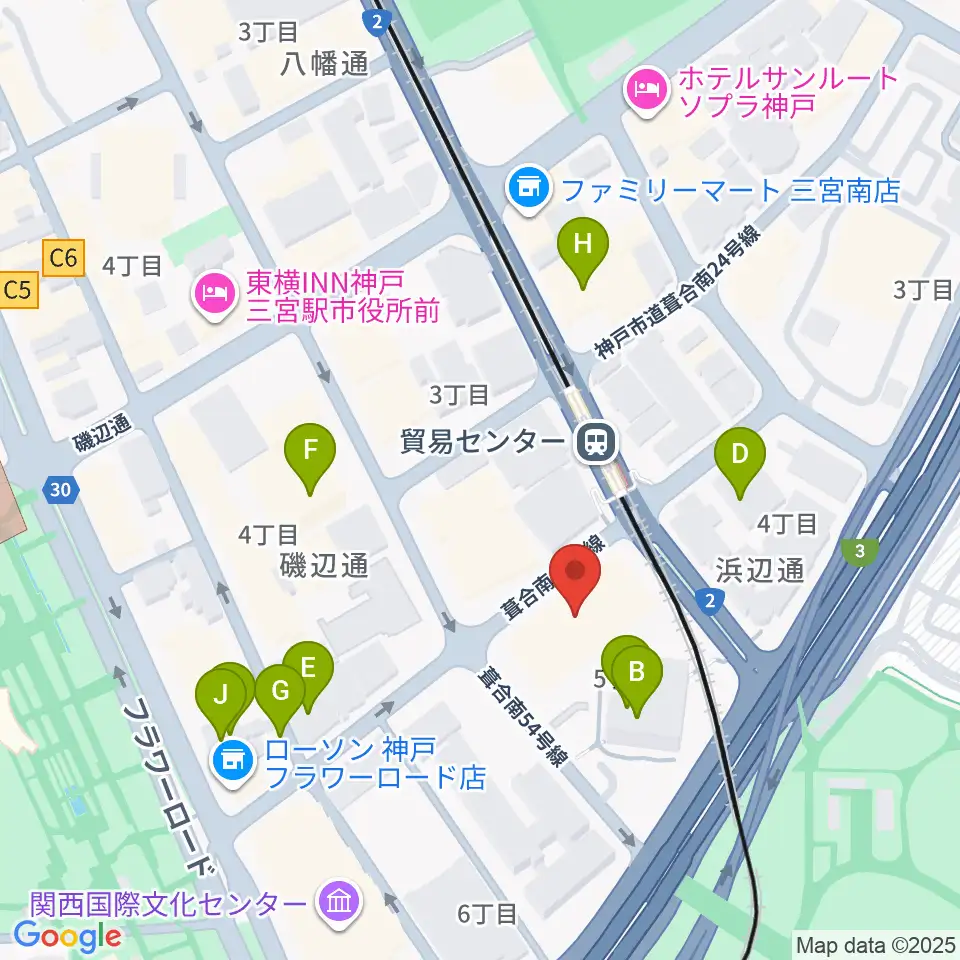 神戸サンボーホール周辺のファミレス・ファーストフード一覧地図