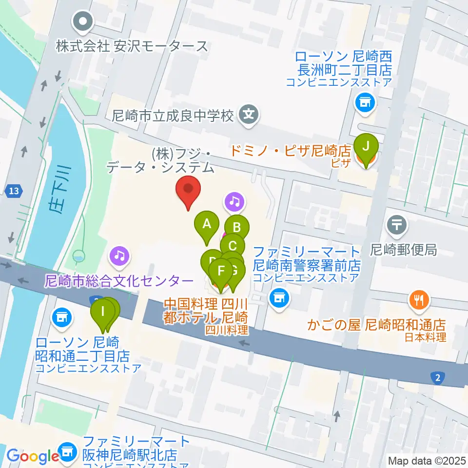 尼崎市総合文化センター周辺のファミレス・ファーストフード一覧地図
