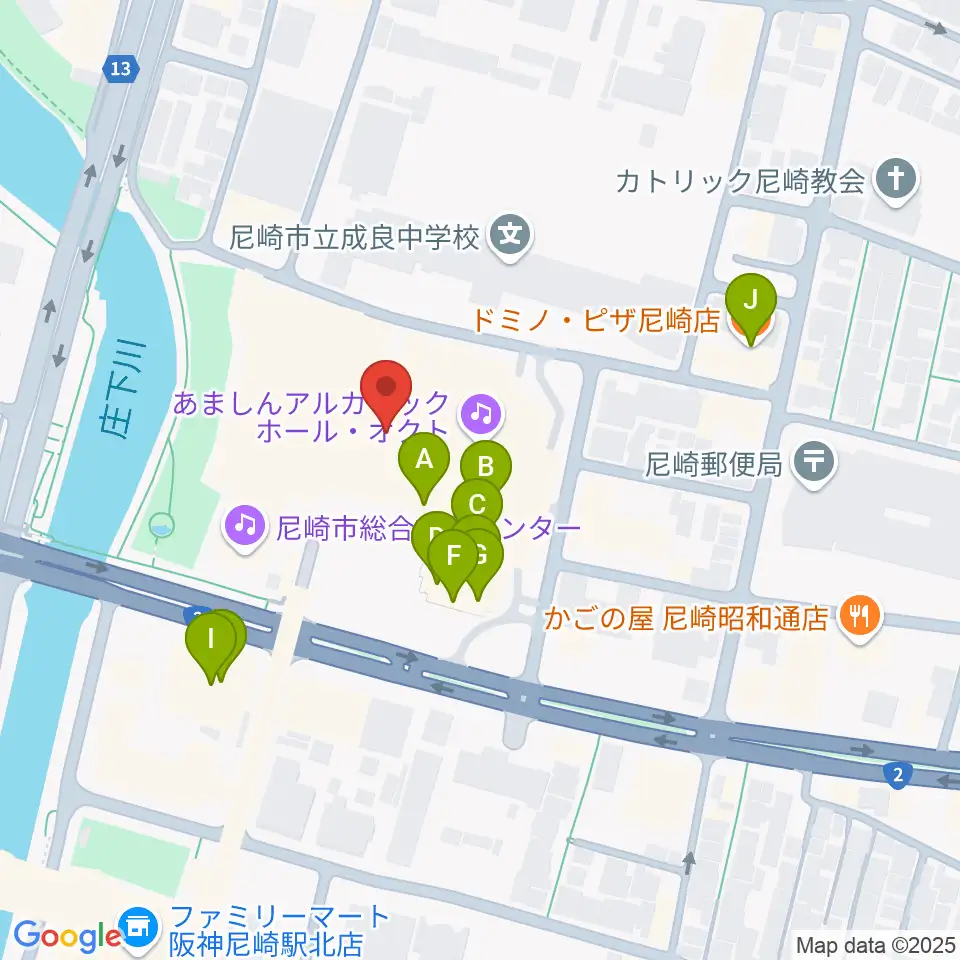 尼崎市総合文化センター周辺のファミレス・ファーストフード一覧地図
