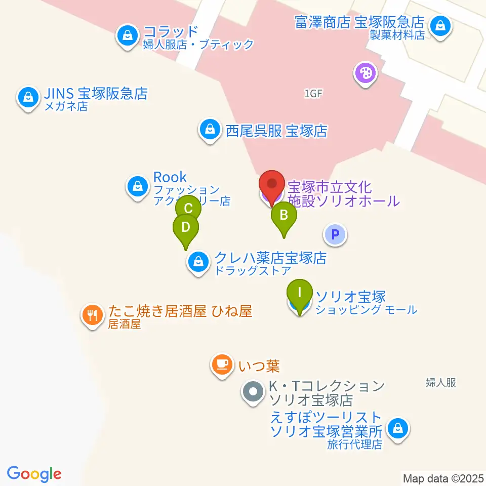 宝塚ソリオホール周辺のファミレス・ファーストフード一覧地図