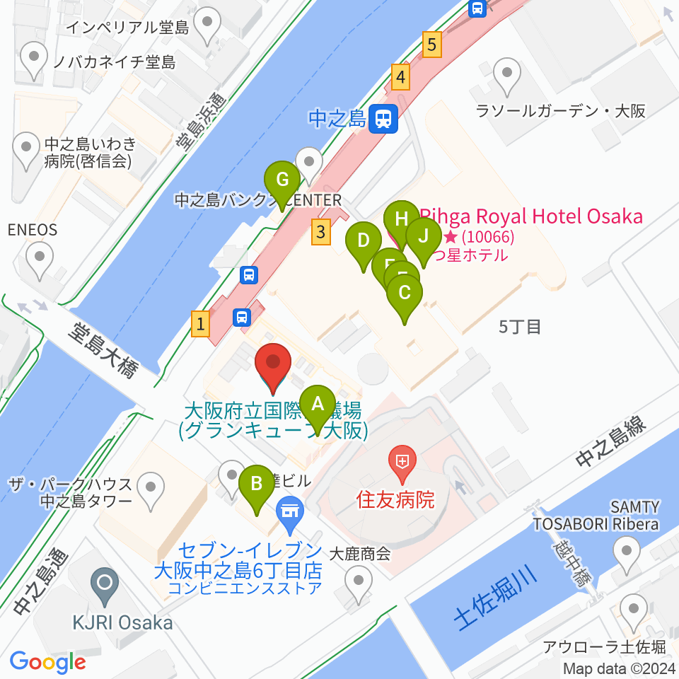 グランキューブ大阪周辺のファミレス・ファーストフード一覧地図