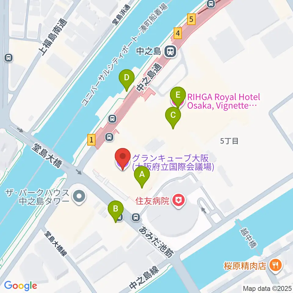 グランキューブ大阪周辺のファミレス・ファーストフード一覧地図