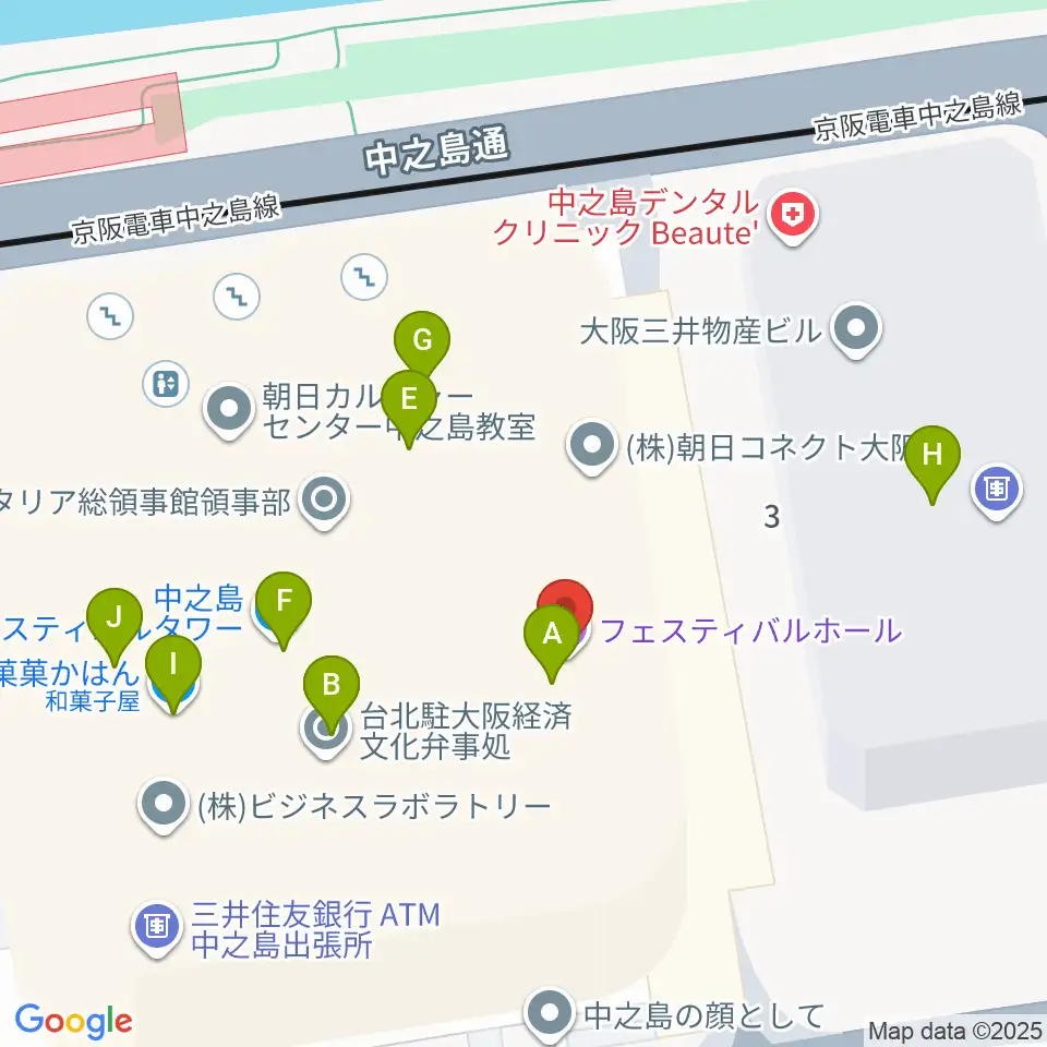 フェスティバルホール周辺のファミレス・ファーストフード一覧地図