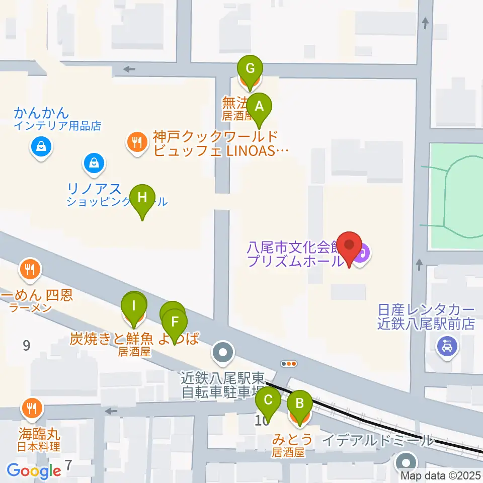 八尾市文化会館プリズムホール周辺のファミレス・ファーストフード一覧地図