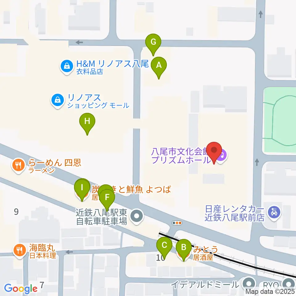 八尾市文化会館プリズムホール周辺のファミレス・ファーストフード一覧地図