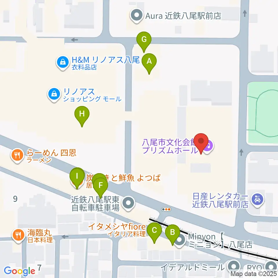 八尾市文化会館プリズムホール周辺のファミレス・ファーストフード一覧地図