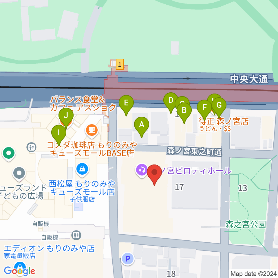 森ノ宮ピロティホール周辺のファミレス・ファーストフード一覧地図