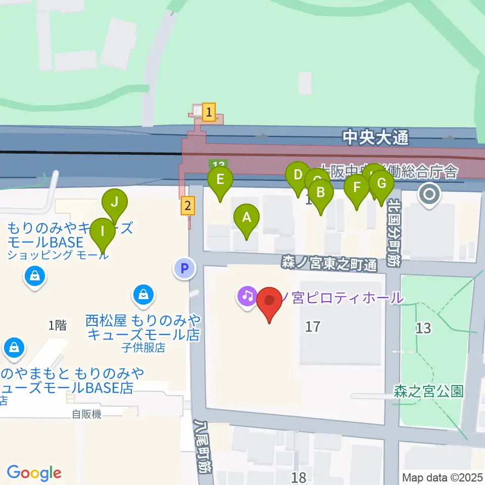 森ノ宮ピロティホール周辺のファミレス・ファーストフード一覧地図